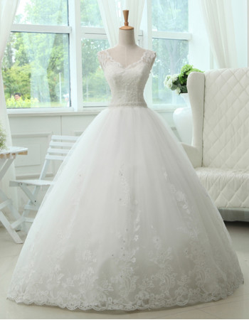 Cheap Classic A-Line V-Neck Floor Length Lace Organza Wedding Dress