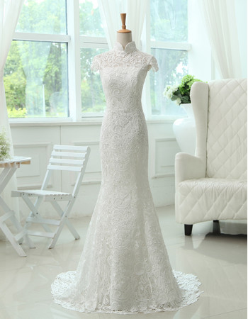 Affordable Custom Elegant Mandarin Collar Lace Mermaid Sweep Train Wedding Dress