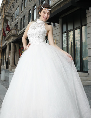 Inexpensive Modern Halter Ball Gown Lace Floor Length Wedding Dress