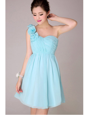 Affordable Modern One Shoulder Short Chiffon Empire Bridesmaid Dress for Girls