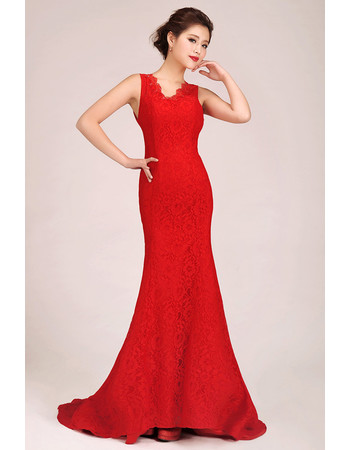 Affordable Mermaid/ Trumpet Lace Red Sweep Train Bridesmaid Dress for Girls