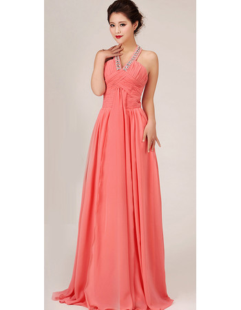 Modest A-Line Halter Long Chiffon Bridal Bridesmaid Dress for Wedding Party