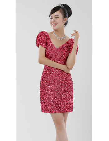 Women's Beaded Short Sleeves V-Neck Short Column Formal Cocktail Dress