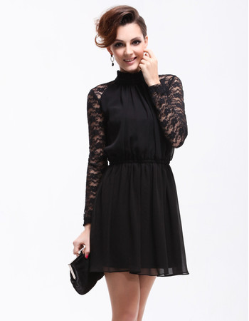 Modern Classy Long Lace Sleeves Short Sheath Chiffon Cocktail Dress for Women