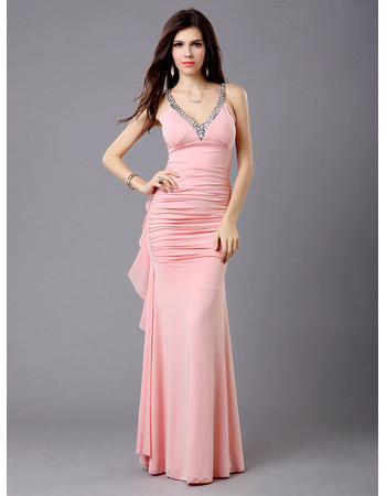 Sexy Sheath Chiffon V-Neck Floor Length Evening Prom Dress for Women and Girls