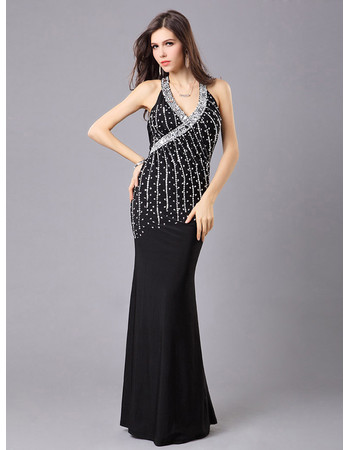 Mermaid/ Trumpet V-Neck Beaded Floor Length Satin Evening Dress for Women and Girls