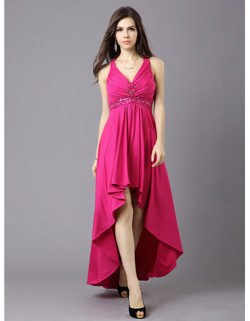 Designer Sexy High-Low V-Neck High Waist Satin Prom Evening Dress for Women and Girls