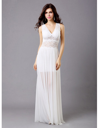 Chic Lace Chiffon V-Neck Sheath Floor Length Evening Dress for Women and Girls