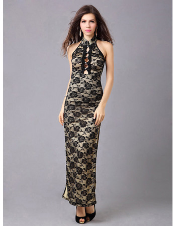 Affordable Lace Sheath Mandarin Collar Ankle Length Formal Evening Dress