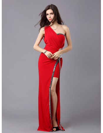 Celebrity One Shoulder Sheath Floor Length Red Satin Formal Evening Dress