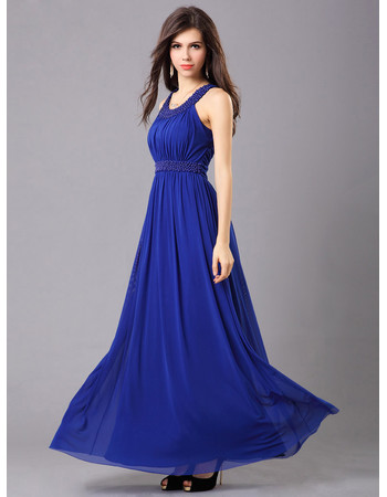 Inexpensive Elegant Chiffon Round Ankle Length A-Line Blue Maxi Evening Dress for Prom