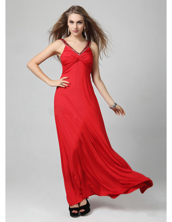 Classic V-Neck Red Satin Sheath Floor Length Evening Dress for Women