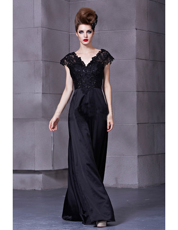 Inexpensive Classic Black V-Neck Long Satin Sheath Prom Evening Dress for Women