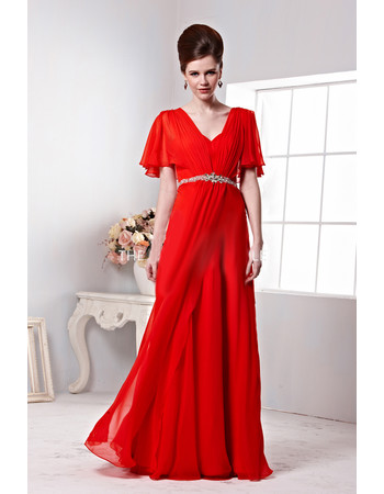 Inexpensive Sexy Chiffon Cap Sleeves V-Neck Sheath Long Red Formal Evening Dress