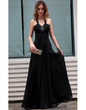 Beautiful Elegant Black Halter Chiffon Sheath Long Black Evening Dress for Women