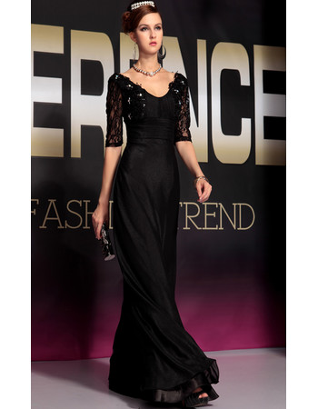 Affordable Celebrity Sleeved Black Chiffon Sheath Floor Length Evening Dress