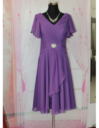 Women's Simple Chiffon Short Cap Sleeves V-Neck Mother of the Bride Dress for Wedding