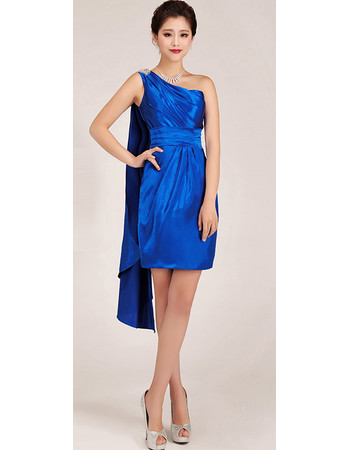 Custom Classic One Shoulder Short Sheath Blue Satin Homecoming Dress for Girls