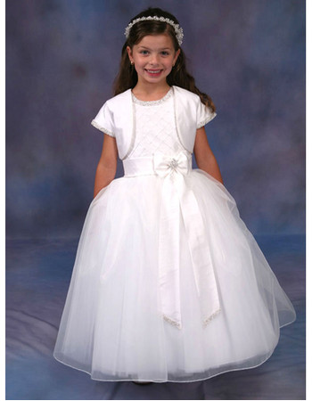 Affordable Ball Gown Ankle Length Bow First Communion/ Flower Girl Dress with Beads