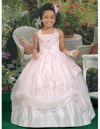 Inexpensive Ball Gown Square Organza Full Length Floral First Communion Dress