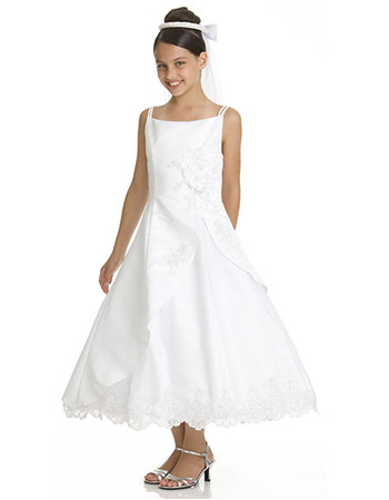 Girls Classic A-Line Straps Sleeveless Tea Length Satin Beading First Communion Dress