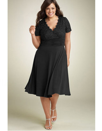 Affordable Classy A-Line Knee Length Chiffon Lace Plus Size Mother of the Bride Dress