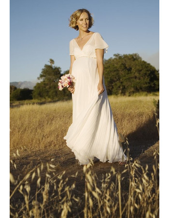 Affordable Empire V-Neck Short Sleeves Floor Length Pleat Bead Maternity Wedding Dress/ Custom Pleated Chiffon Bridal Gown