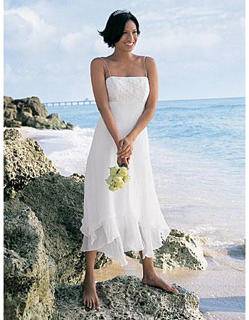 Classic Empire Waist Spaghetti Straps Tea Length Embroidery Ivory Chiffon Beach Wedding Dress