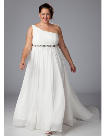 Simple A-Line One Shoulder Chiffon Court Train Wedding Dress with Beaded