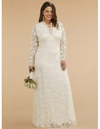 Classic Empire V-Neck Plus Size Floor Length Embroidery Reception Lace Bridal Dress with Long Sleeves