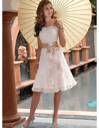 Classic Stylish A-Line Short Lace Reception Wedding Dress/ Sweetheart Petite Short Bridal Dress with Sash