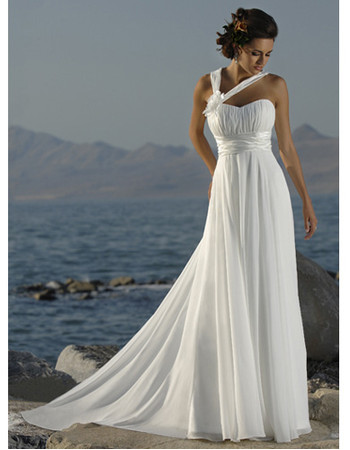 Cheap Classy A-line Halter Chapel Train Chiffon Summer Beach Bridal Wedding Dress