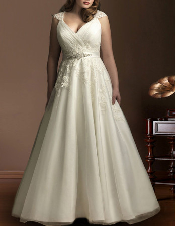 Timeless Charming A-Line V-Neck Sweep Train Satin Plus Size Wedding Dress