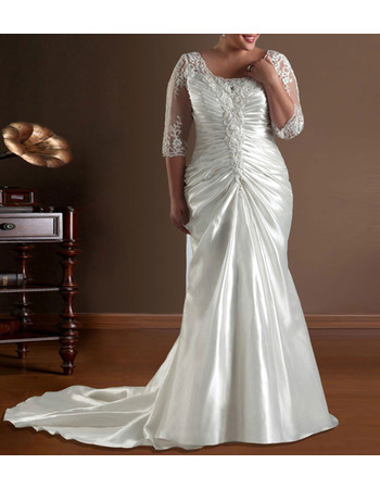 Inexpensive Chic Mermaid Sweep Train Satin Plus Size Wedding Dress with Sleeves