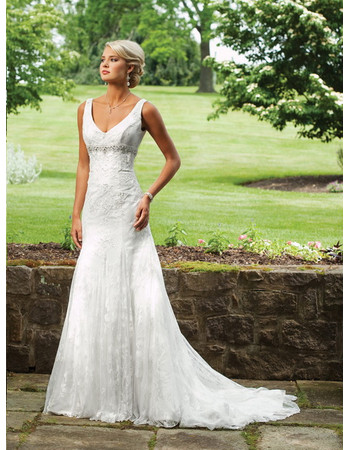 Elegant Mermaid V-Neck Chapel Train Tulle Garden Wedding Dress/ Bridal Gown