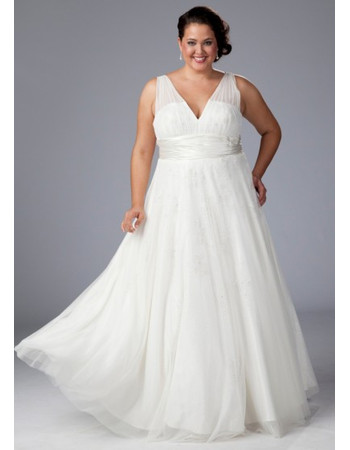 Simple A-Line V-Neck Floor Length White Chiffon Plus Size Wedding Dress