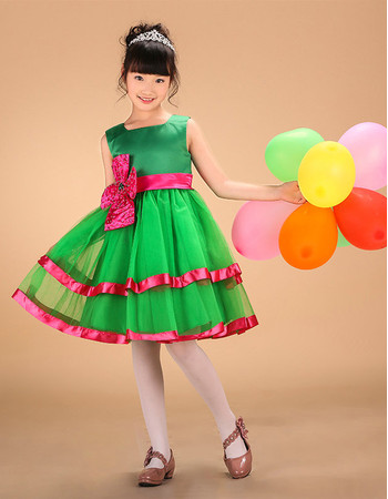 Pretty Green Layered Skirt Little Girls Party Dress with Sashes