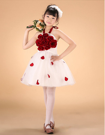 Beautiful Kids Halter Mini Little Girls Party Dress with 3D Flowers