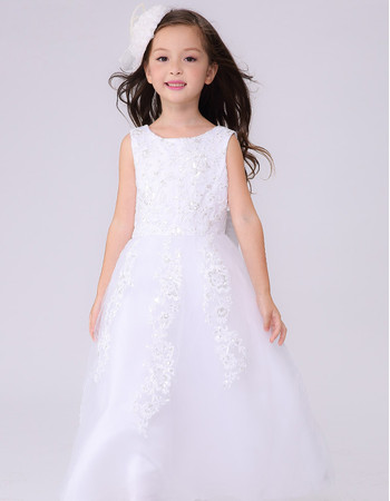 Catholic A-Line Round Neck Floor Length Satin Little Girls First Communion Dress