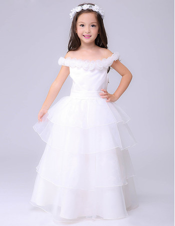 Little Girls Lovely Off-the-shoulder Layered Skirt White First Communion Dress