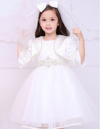 Little Girls Lovely Ball Gown Short White First Communion Dress with Satin Jackets