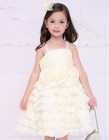 Inexpensive Beautiful Straps Short Satin Layered Skirt Flower Girl Dress