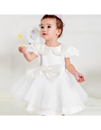 Lovely Little Girl Ball Gown Bubble Sleeves White Short Satin First Communion Dress