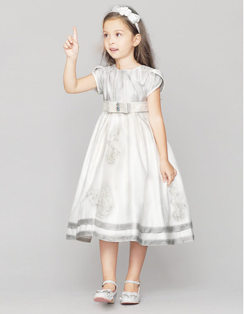 Kids Cute Cap Sleeves Knee Length A-Line Satin Flower Girl Princess Dress