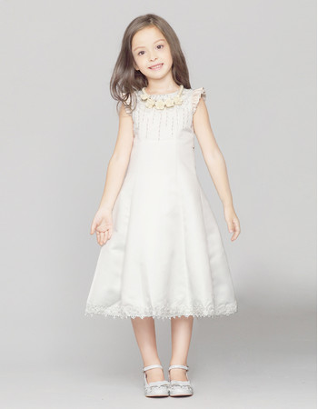 Kids Cute A-Line Sleeveless Knee Length Satin Easter Little Girls Dress