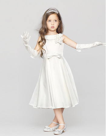 Kids Cute A-Line Bateau Neck Knee Length Satin First Communion Dress