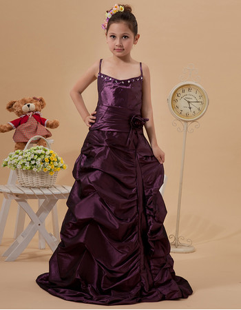 Kids Affordable Spaghetti Straps Floor Length Taffeta Junior Bridesmaid Dress