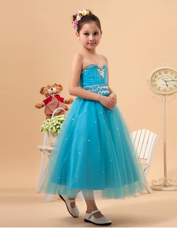 Adorable Sweetheart Tea Length Satin Tulle Little Girls Party Dress