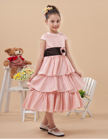 Pretty Cap Sleeves Tea Length Layered Skirt First Communion Dress