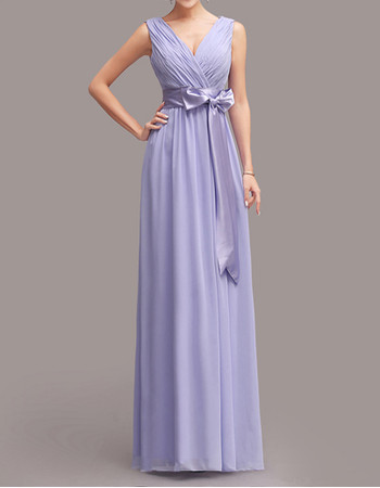 Romantic Elegant Column V-Neck Long Chiffon Bridesmaid Dress with Sashes